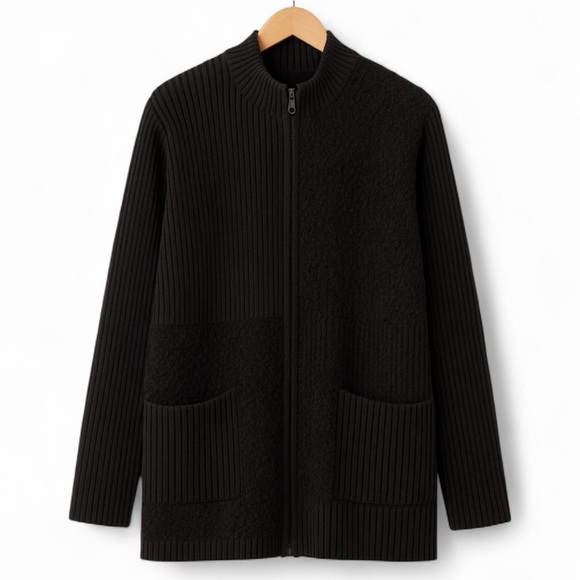 Vintage Chico’s Wool Blend Ribbed & Bouclé Zip Cardigan Sweater Black XL - Picture 9 of 9